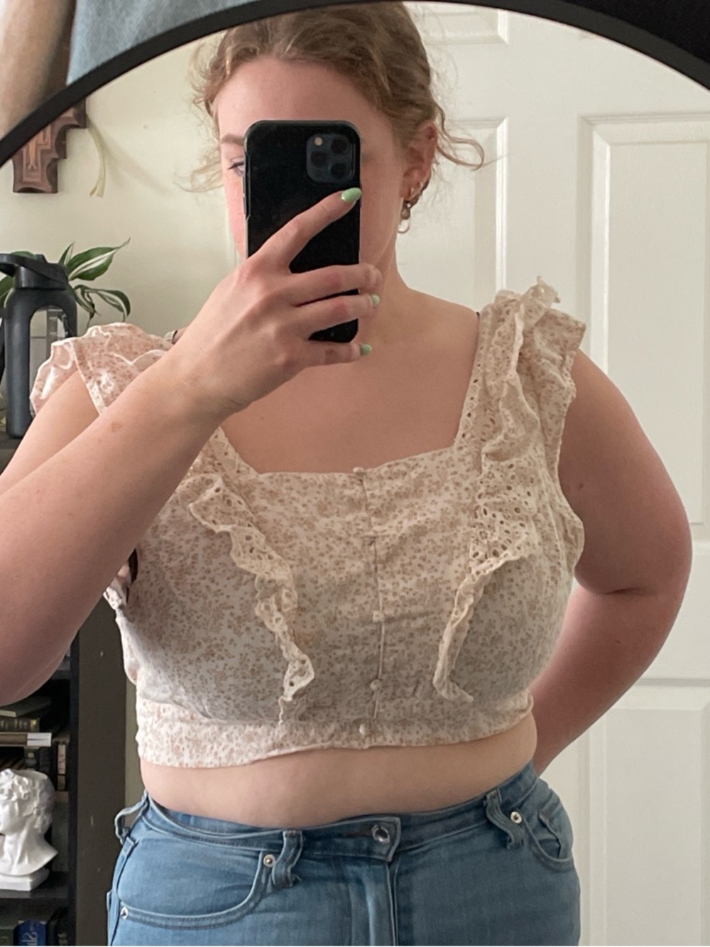 American Eagle Outfitters Cream Floral Lace-Trim Square-Neck Crop Top
